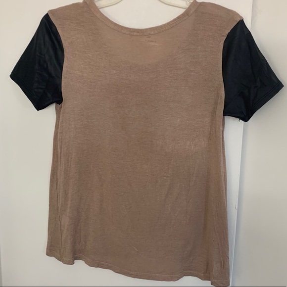 Brown Tee With Black Leather Pocket and Sleeves - Picture 6 of 10